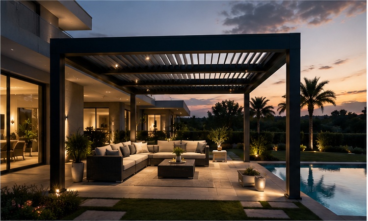 Luxury aluminum pergola installed in a modern villa patio with outdoor furniture