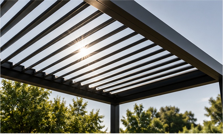 Motorized louver pergola roof opening and closing for sunlight and shade control