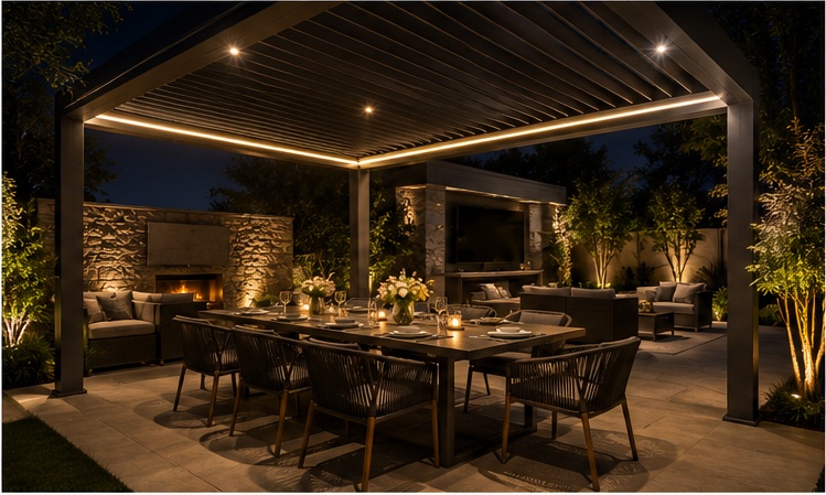 Luxury pergola outdoor living area with warm lighting and evening atmosphere