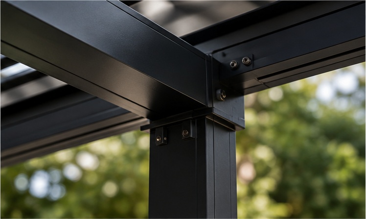 Close-up of powder-coated aluminum pergola frame and structural beam detail